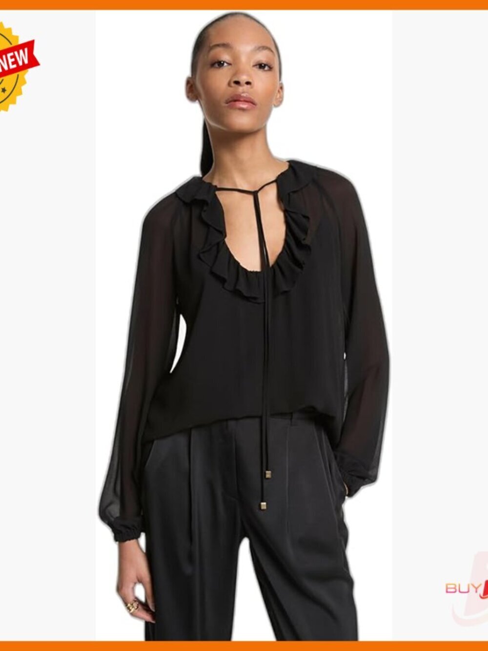 Georgette Ruffle Neck Blouse Long Sleeve Loose Fit Evening Wear